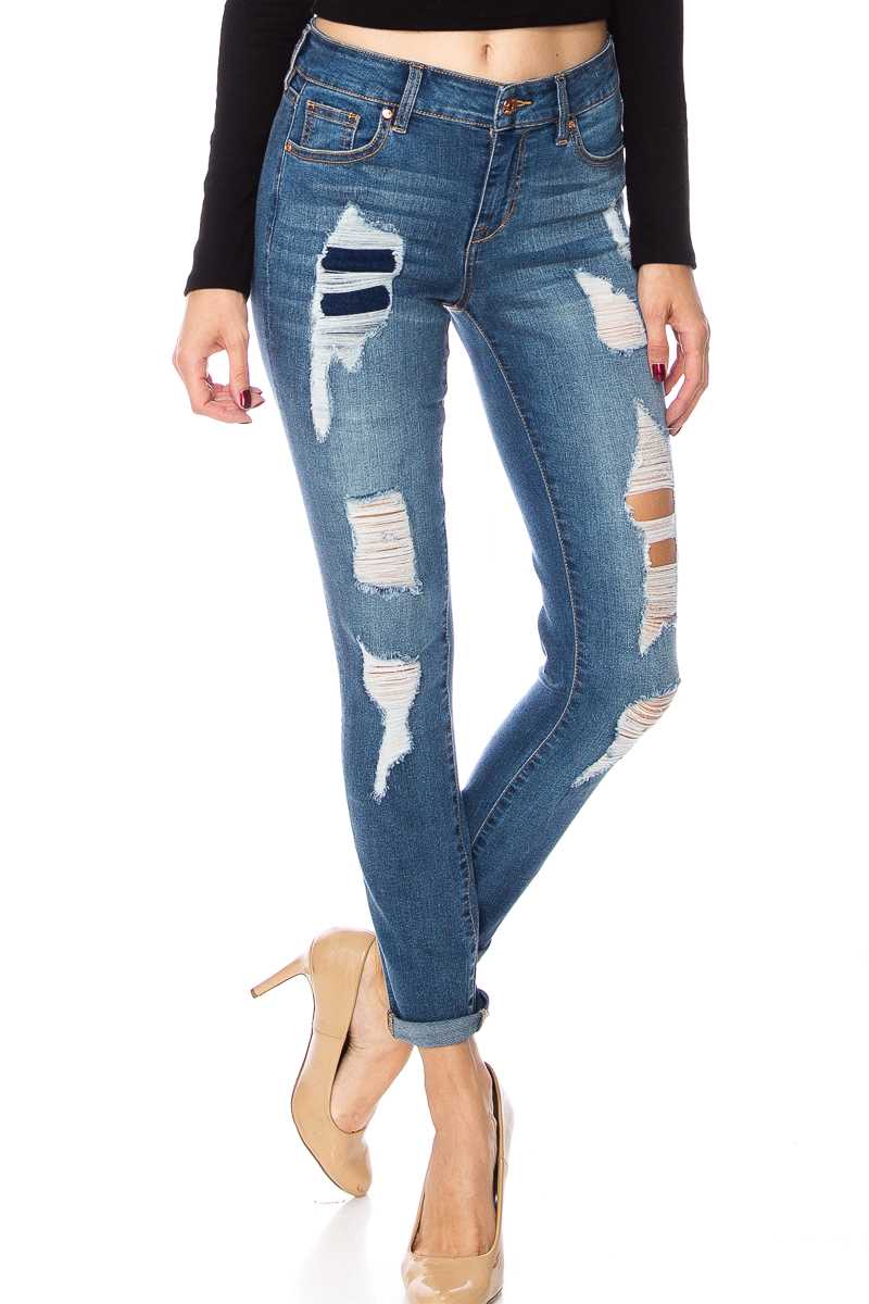 Mid Rise Distressed Folded Hem Skinny Jeans